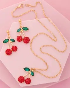 Andrea Red Crystal Rhinestone Cherry Pendant Necklace & Earring Set