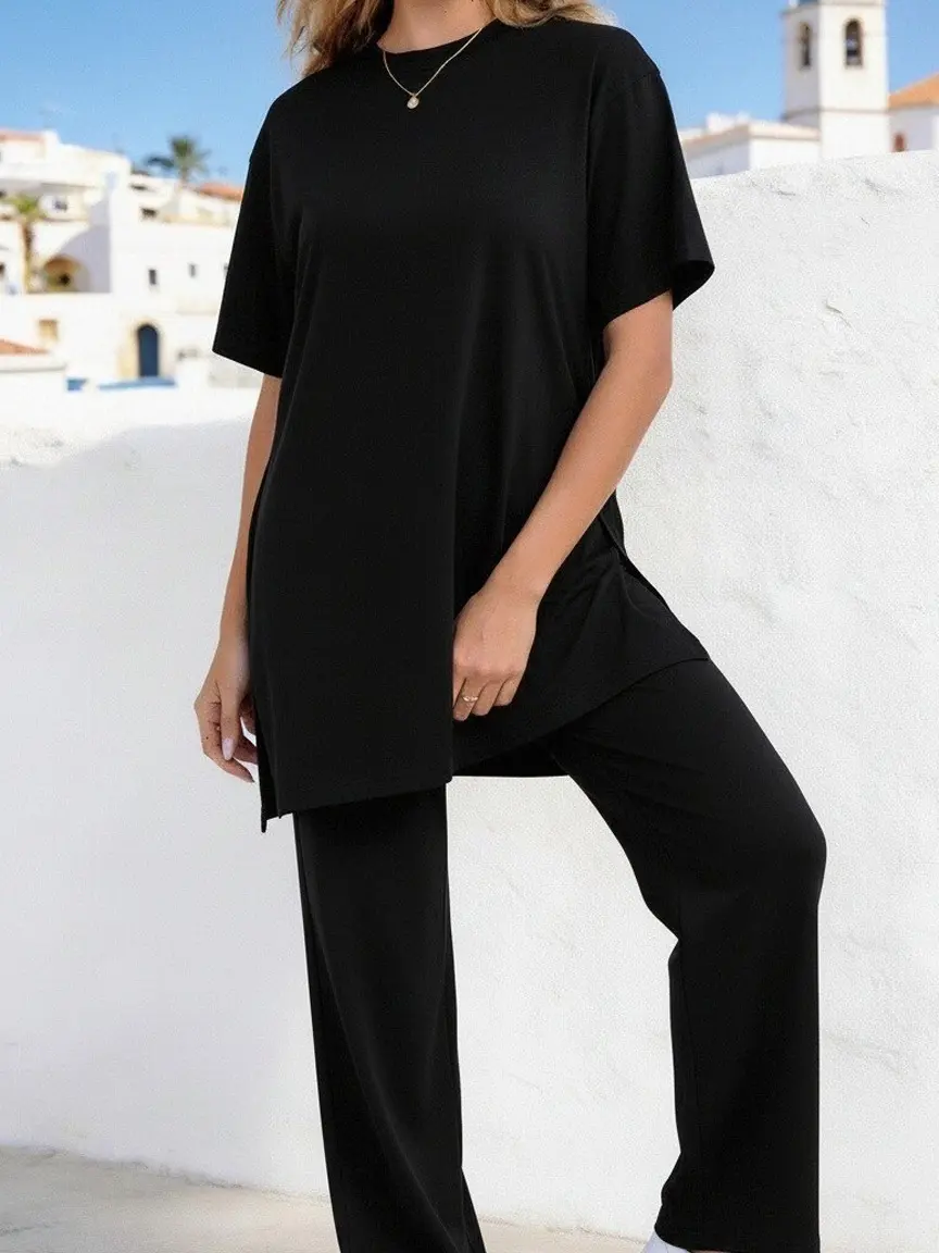 Women Solid 2 Piece Loungewear Set, Short Sleeve Side Slit Long Tunic Top & Wide Leg Pants Matching Outfit, Casual Loose Co Ord Set, Soft Relaxed Tracksuit For Daily Travel Home Wear