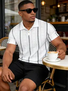 Men's Stretch Knit Geometric Jacquard Polo Shirt, Short Sleeve Striped Textured Casual Summer Tee, Stylish Comfortable Fit, Menswear
