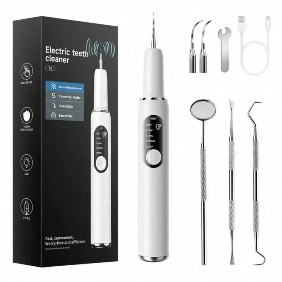 Electric Plaque & Tartar Remover, 5-Mode Oral Irrigator with LED Light, USB Rechargeable Dental Cleaner & Gum Massager with 3 Heads, Oral Irrigators, Usb Rechargeable Oral Irrigators