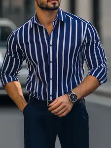 Men's Blue Vertical Striped Long Sleeve Shirt, Fitted Iron-Free Anti-Wrinkle Commuter Formal Wear, Casual Business Style, Top, Menswear