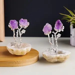 1pc Natural Agate Crystal Cave Amethyst Tooth Flower Ornament, Crystal Carvings, Natural Stone Decor, Unique Healing Home Decor for Aesthetics, Beautiful Spring Gift Idea