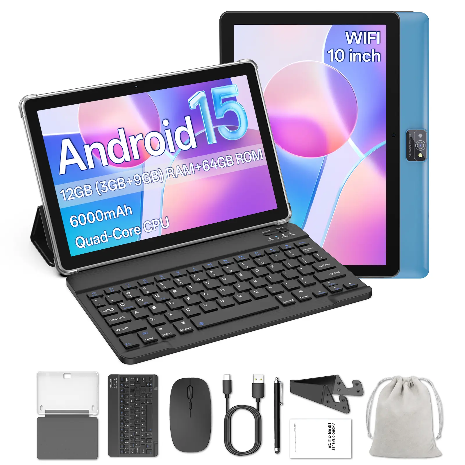 【SummerWins】2026 10in Android 15 Tablet, 12(3+9)GB RAM 64GB ROM, 6000mAh Larger Battery, Type-C, Portable Device with Keyboard, Mouse, Case, Stylus, Dual Camera, Ideal for School, Work