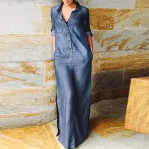 2024  In Denim Long Dress Shirt Neck Pocket Large Swing Dress Casual Elegant Temperament Button Down Lapel Denim Dress Robe J Womenswear Summer
