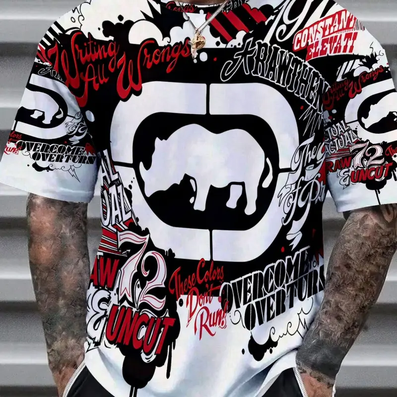 Men's Graffiti Print Short Sleeve T-Shirt, Soft Fabric Streetwear Casual Summer Tee for Daily Outdoor