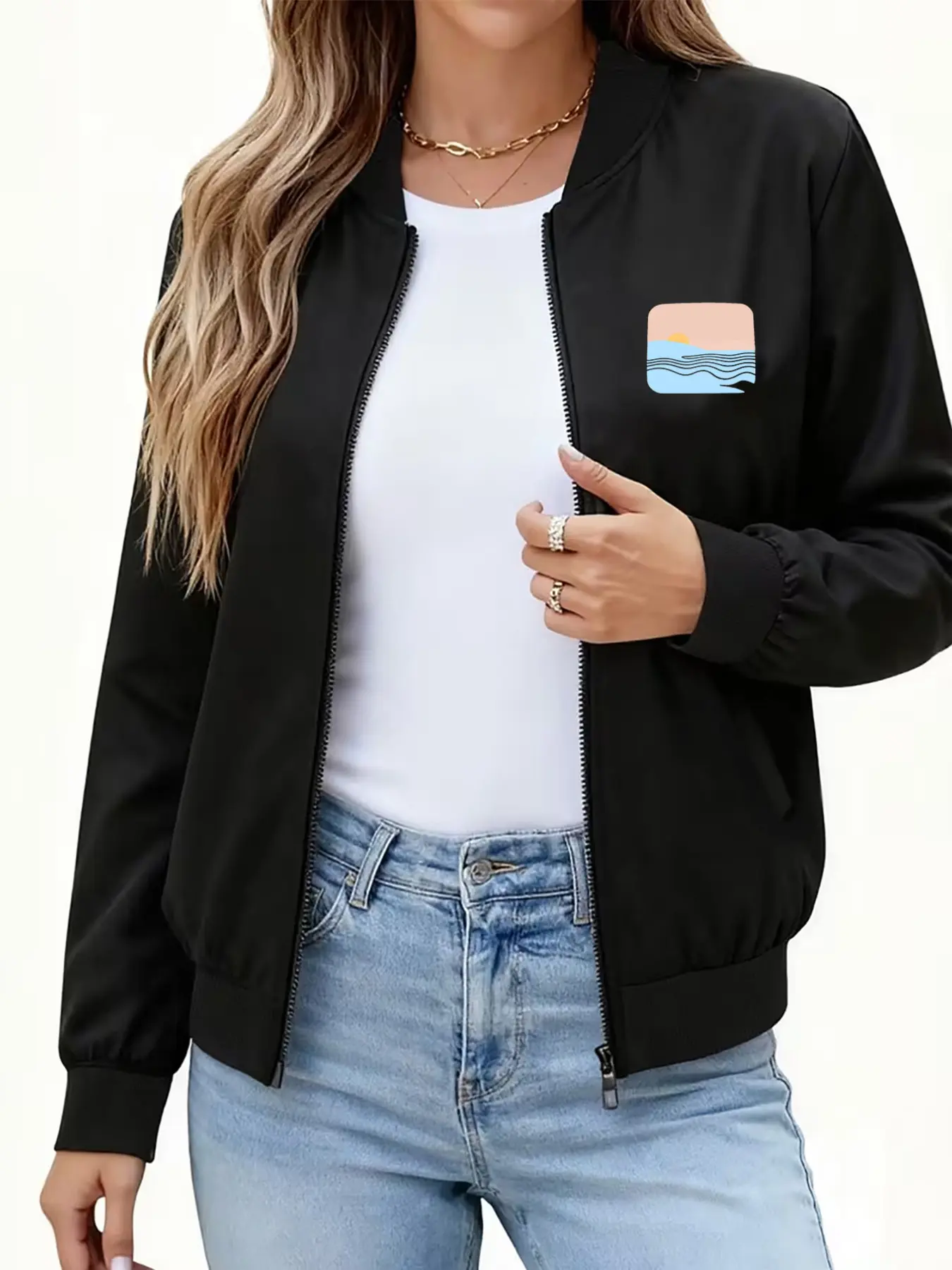 Y2K Style Women's Jacket, Sunset Print, Zipper Design, Casual Slim Fit, Polyester Material, All Season Wear, Perfect for Outing & Work