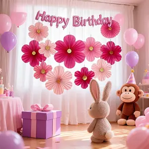 9pcs with 9 Golden Glitter Floral Centers Pink Paper Flowers Decorations Hot Pink Birthday Decorations Paper Fans Floral Backdrop Flower Wall Decor Pink Party Decorations for Wall Paper Fans Floral Backdrop Flower Wall Decor Wedding Paper Guide