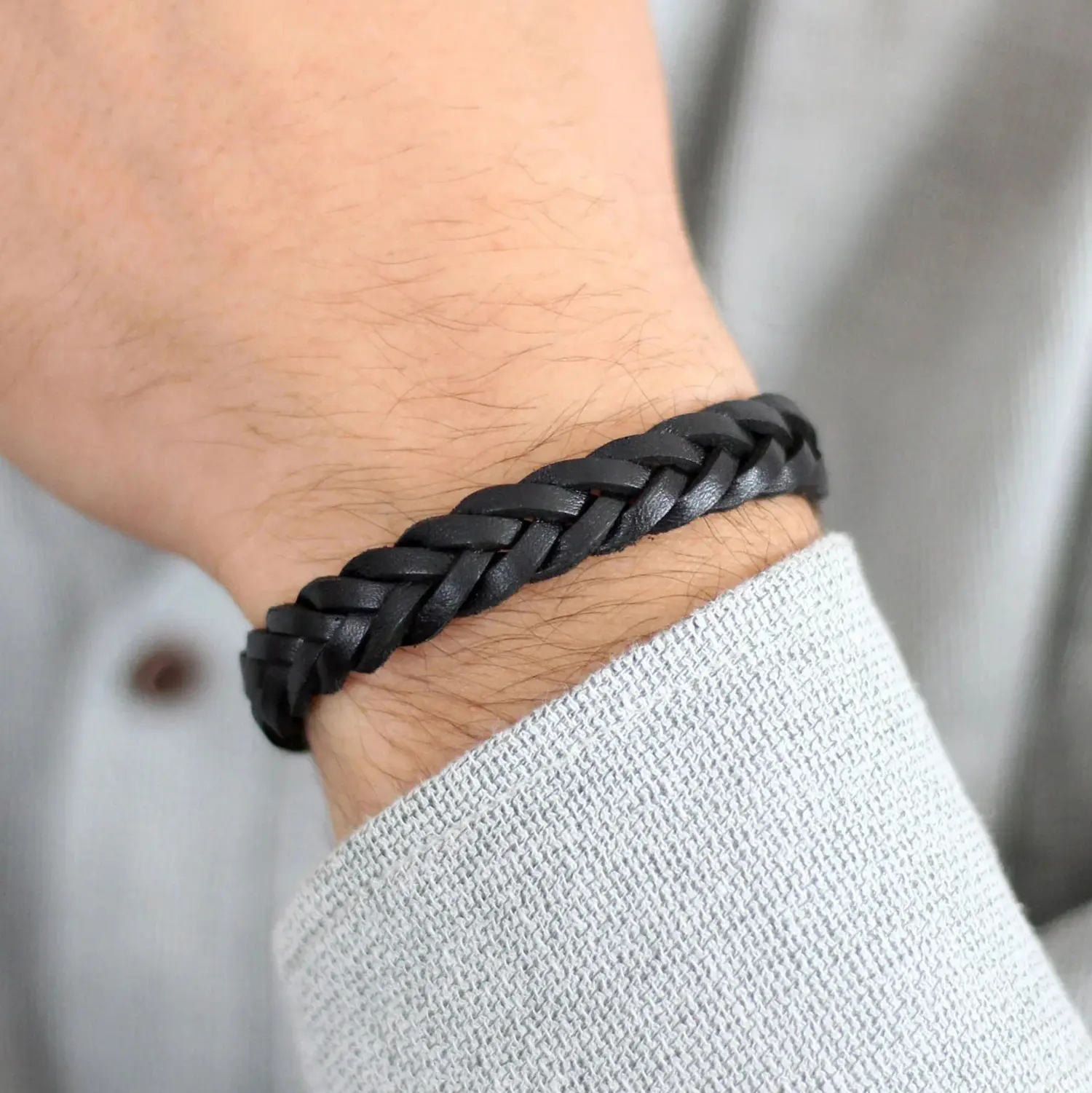 Black Braided Leather Bracelet, Woven Plain Leather Cuff, Men's Genuine Leather Bracelet, Black Leather Wristband, Men's Jewelry