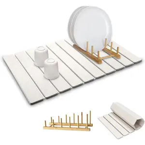 Large Stone Dish Drying Mat for Counter,Equipped Dish Rack, Diatomaceous Earth, Foldable and Absorbent Dish Drying Pad Suitable for Tableware, and Cup (White, 24*16 IN)