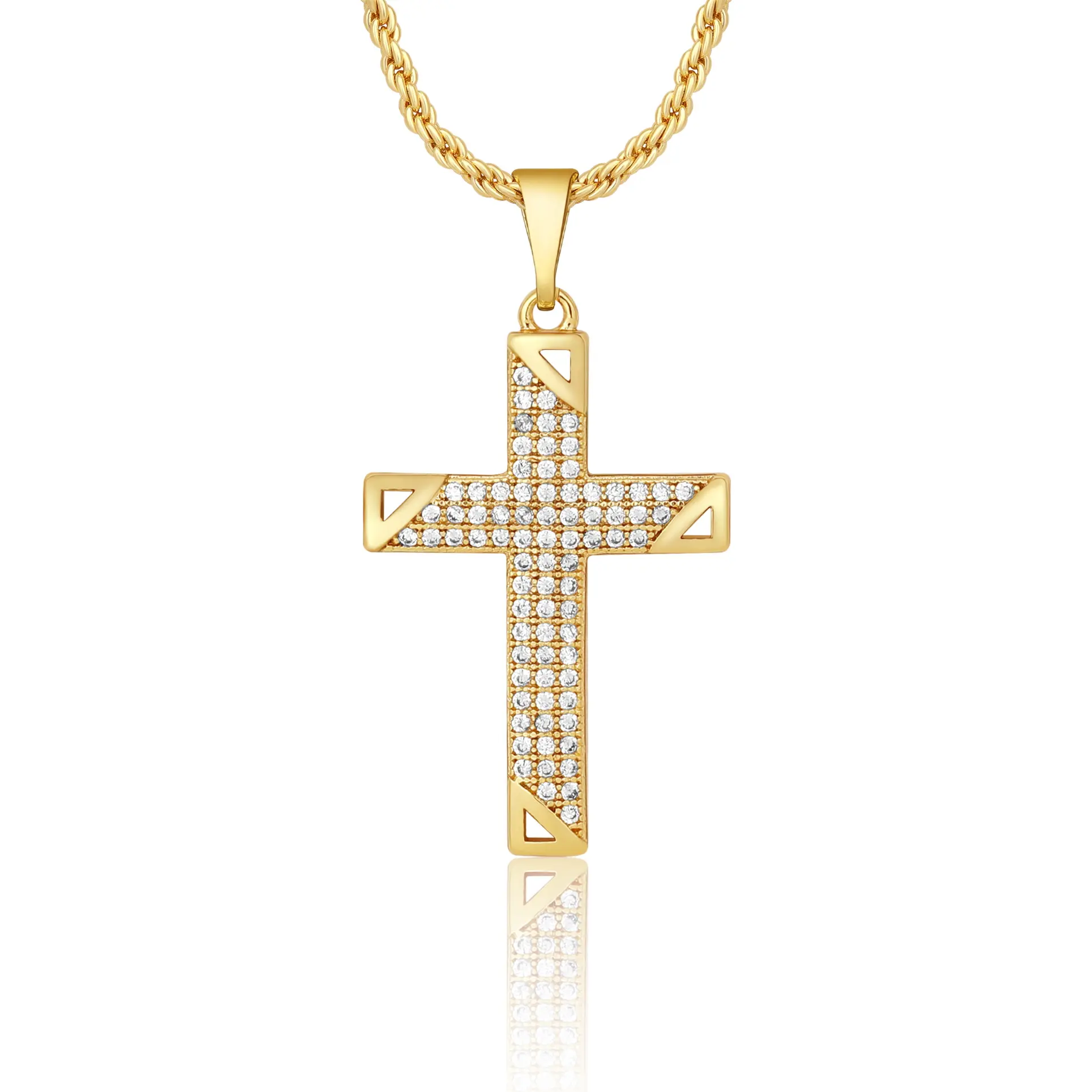 Aprilery Cross Pendant Necklace – Gold-Tone Rope Chain with Cubic Zirconia Accents