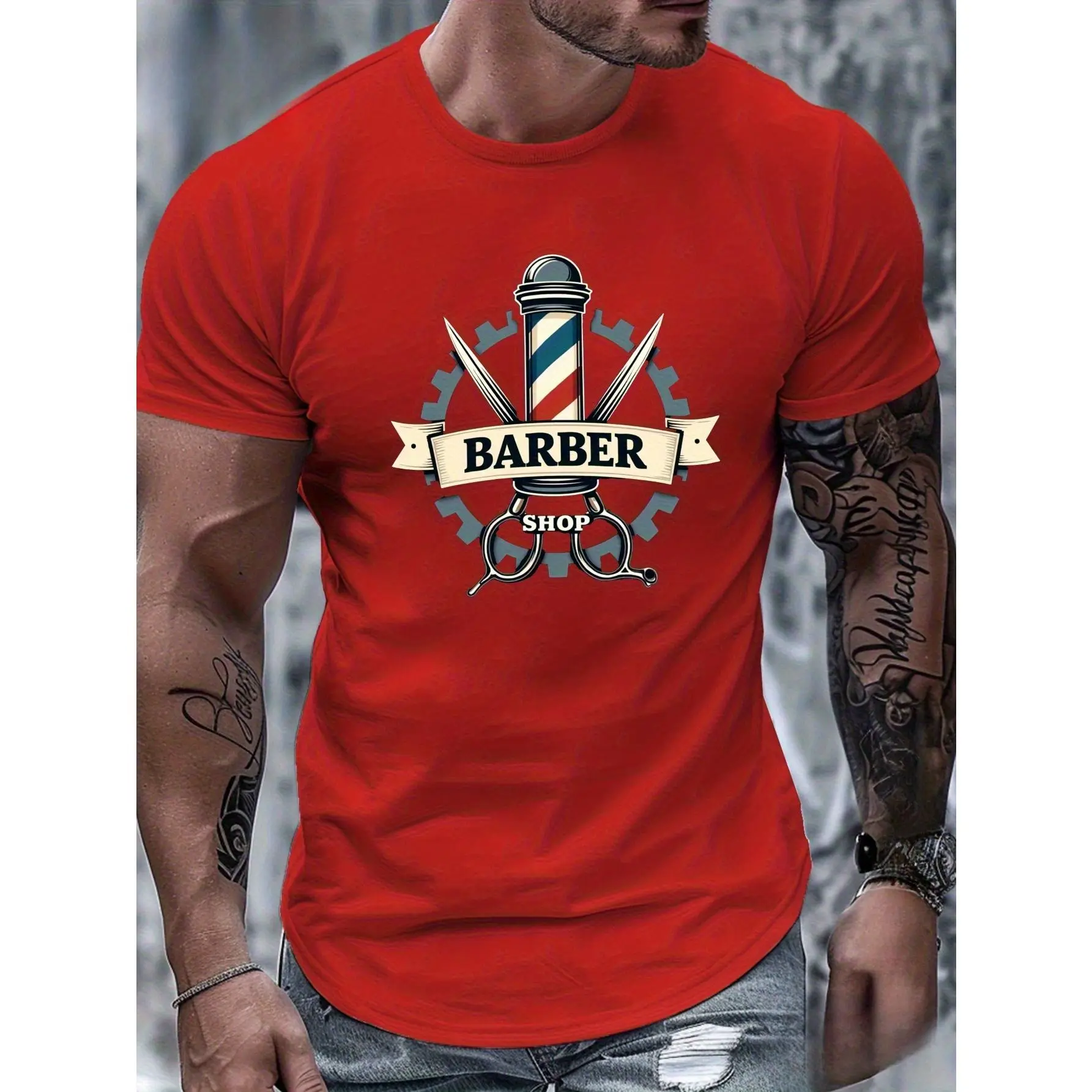Men's 180g 100% Cotton Barber Shop Graphic Tops - Retro Pole & Scissors Print, Breathable Round Neck Shortsleeve Menswear Undershirt, Machine Washable Basic All-Season Comfort, Multiple Color Options