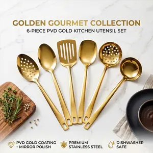 6-Piece Stainless Steel Kitchen Utensil Set, Stainless Steel Cooking Utensils, Square Handle Cooking Tools, Restaurant Serving Spoons, Essential Cooking Gear