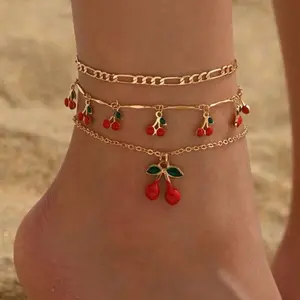 Cherry Anklet Set - 3 Piece Gold-Tone Chain with Red Cherry Charms for Stylish Footwear Accessories