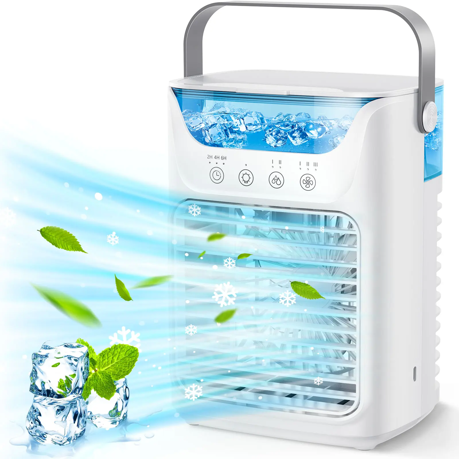 Tabletop Misting Cooling 6-Blade Soft Fan with 700ml Water Tank, 3 Wind Speeds, 2 Adjustable Mist Levels, Color Changing RGB Night Light, 2/4/6H Timer Touch Control, PU Leather Handle, Water Shortage Protection, DC 5V/2A Humidifier for Office Bedroom Dorm