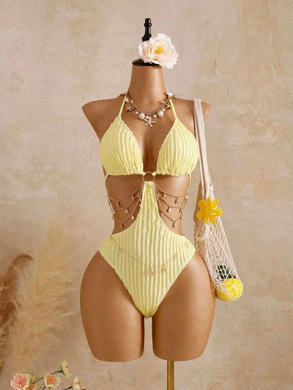Bellisia Women's Lemon Yellow Crinkle One-Piece Swimsuit | Cut-Out Halter Monokini with Draped Shell & Pearl Waist Chains | Textured Beach Bathing Suit