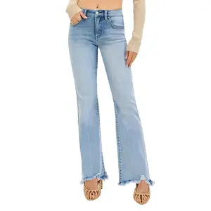 Risen Mid Rise Tummy Control Vintage Washed Flare Jeans with Frayed Hem