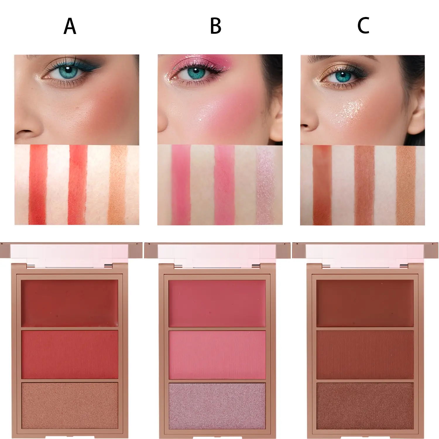 3-in-1 blusher red plate, durable, natural, easy to apply, waterproof, smooth and matte texture to create a perfect makeup, Rouge