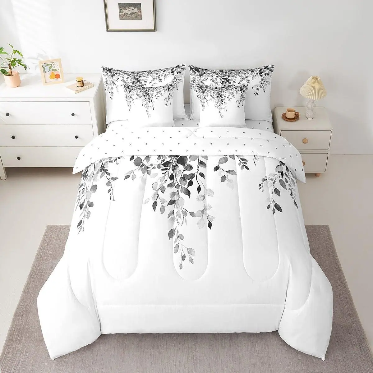 Black And White Eucalyptus Sheet Set With Comforter 7 Piece,Watercolor Plant Leaves Bedding Sets Modern Minimalist Stylish Bed Set Women,Natural Botanical Rustic Farmhouse Decor
