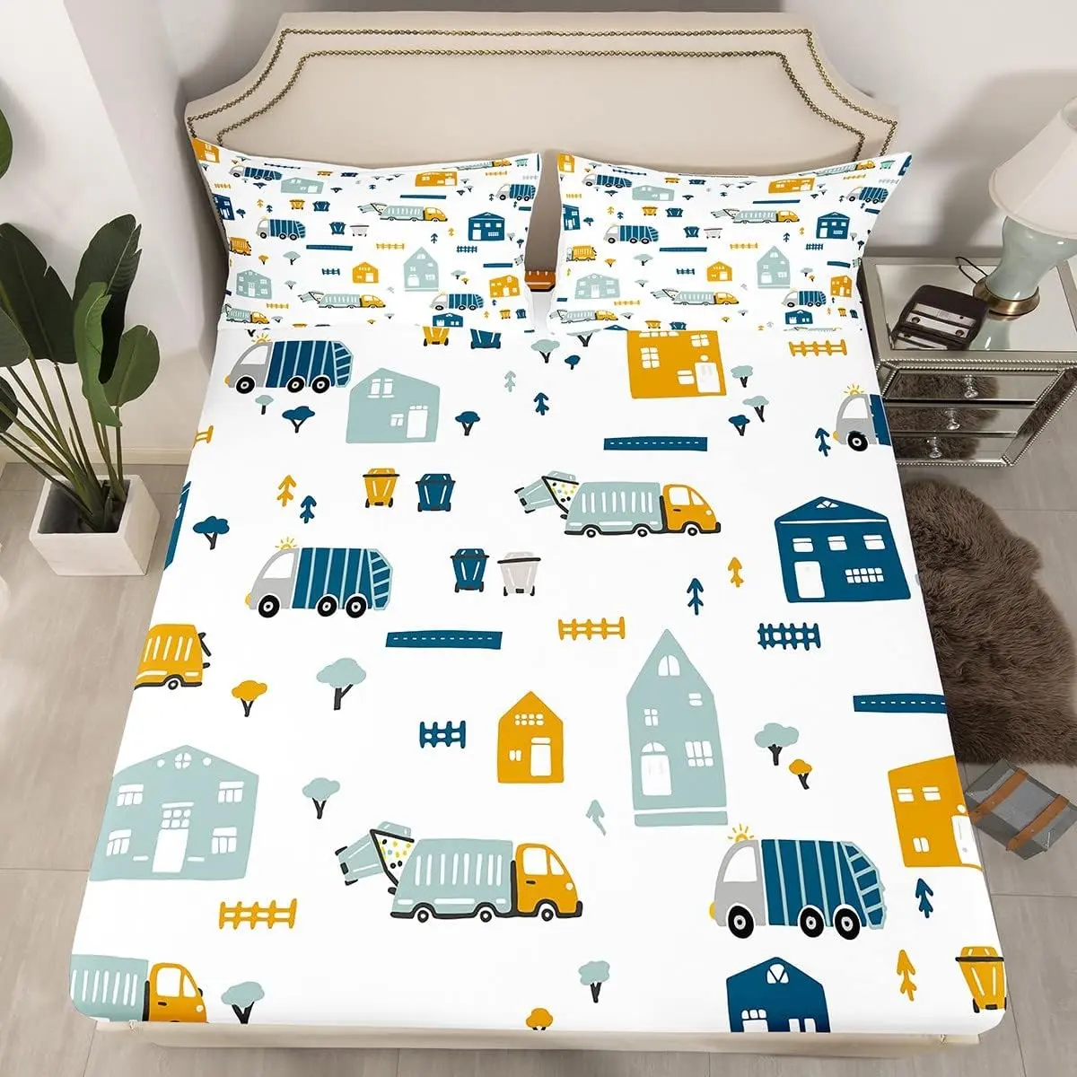 Feelyou Full Size Cute Bedding Set - Construction Theme Garbage Truck Vibrant Prints, Breathable Durable Bedsheets, Stretchable Character Fitted Sheet, Bed Cover for Bedroom Boys and Girls