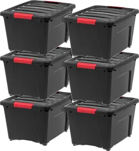32 Qt Stackable Plastic Storage Bins Lids, 6 Pack - BPA-Free Garage Organizing Solution Latches Durable Containers Secure Pull Handle - Black Boxes Organiser