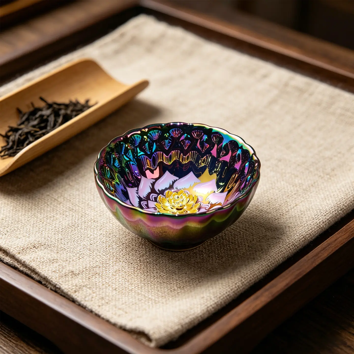 Handmade Jian Zhan ware teacup – iridescent peacock feather design, multicolored glaze with a central gold flower motif, Rainbow Ceramic Tea Cup, Chinese Heritage Craft, Gift Box Included, A Timeless Collectible & Perfect Gift