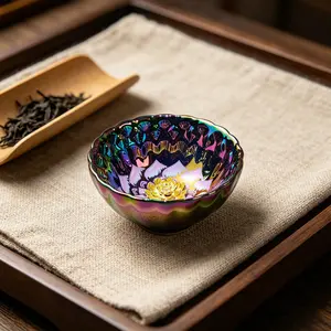 Handmade Jian Zhan ware teacup – iridescent peacock feather design, multicolored glaze with a central gold flower motif, Rainbow Ceramic Tea Cup, Chinese Heritage Craft, Gift Box Included, A Timeless Collectible & Perfect Gift