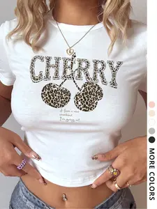 Women's Plain / Cherry & Letter Print Round Neck Crop Tee, Casual Streetwear Short Sleeve Crew Neck T-shirt Fit for Summer, Fashion Women's Knit Top for Daily Wear, Womenswear