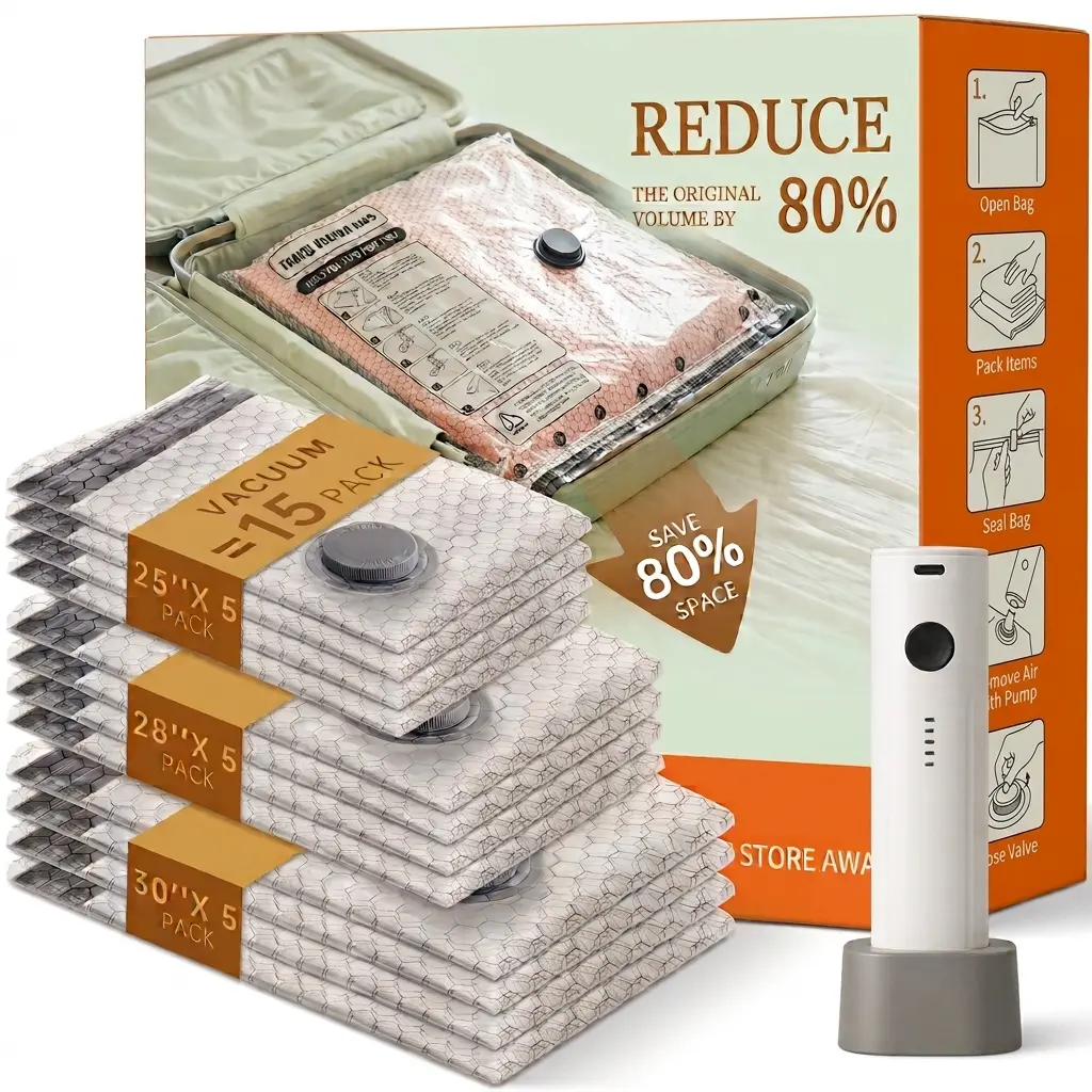 Vacuum Storage Bags 15 Pack for Travel with Rechargeable Electric Pump, Heavy Duty Compression Space Saver Bags, Watertight Seal Bag Organizers for Packing Suitcase, Clothing, Bedding, Travel Essentials