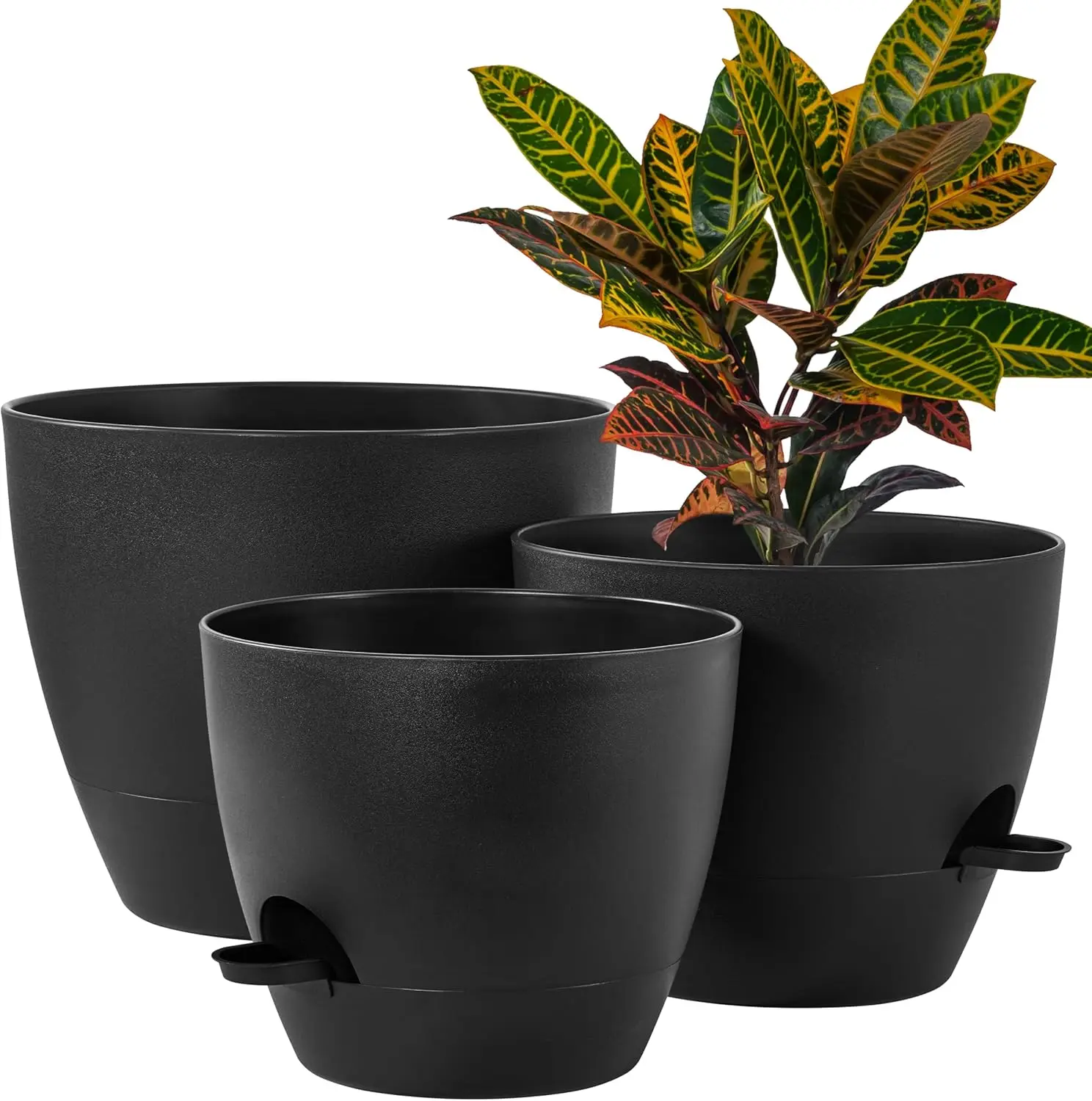 3-Pack Large Planter Pots, 12 10 9 Inch Self Watering Flower Pots for Indoor Outdoor Garden , Black