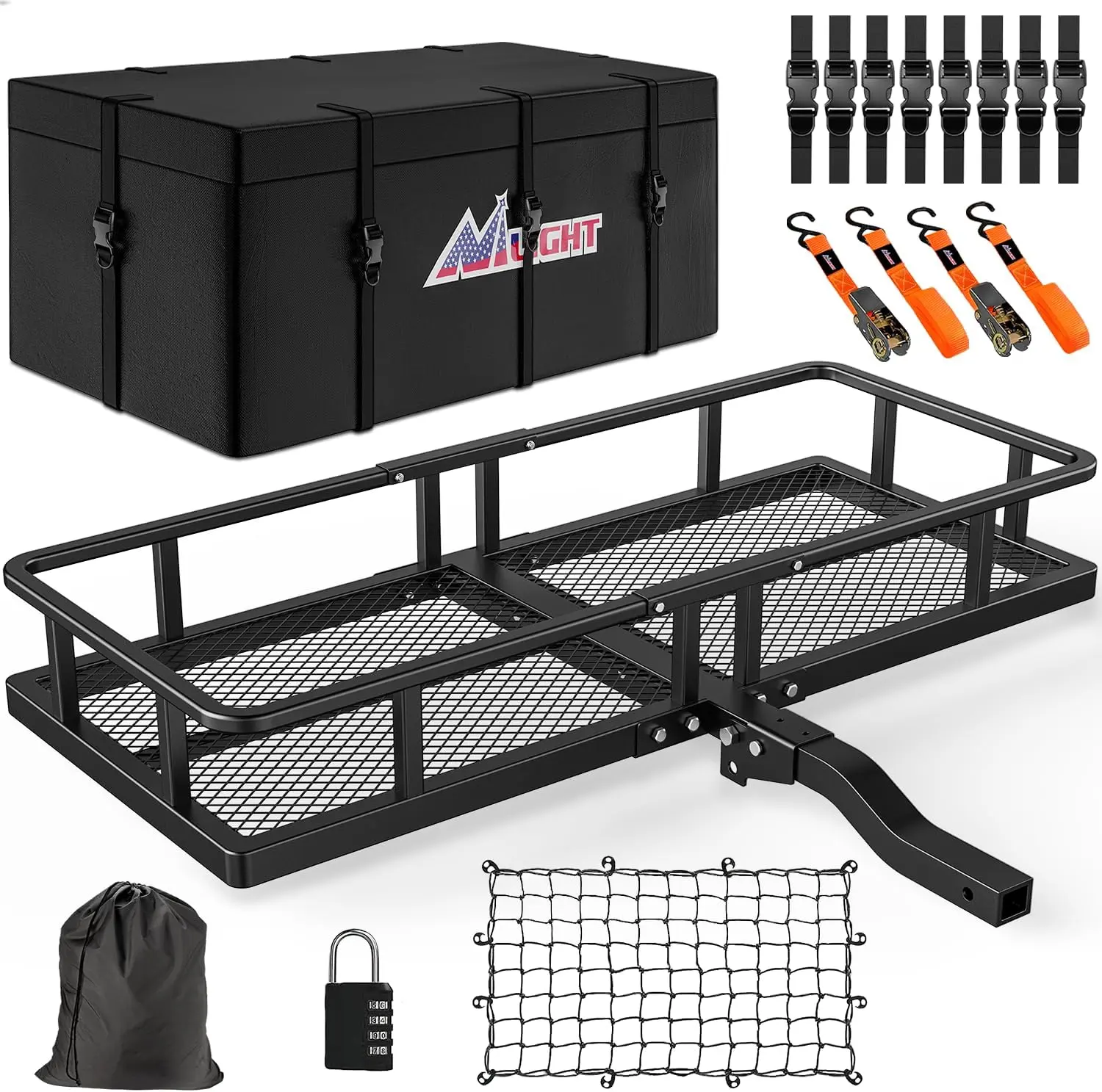 Nilight Foldable Hitch Basket, 60"x20"x7.87" Rear Rack, 2-Inch Hitch Receiver Fit, 500 Lbs Capacity with Waterproof Bag, Cargo Net with Attachment Hooks, Ratchet Straps, Mounting Hardware, Universal Car Accessories for Trucks, Fathers Day Gift