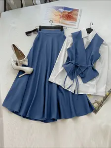 Women's Long Sleeve Collared Patchwork Shirt Dress Set, Skirt, Casual Office Wear, Elegant Two-Piece, Loose, Comfortable & Stylish Design