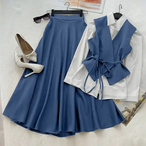 Women's Long Sleeve Collared Patchwork Shirt Dress Set, Skirt, Casual Office Wear, Elegant Two-Piece, Loose Fit, Comfortable & Stylish Design, Outfit