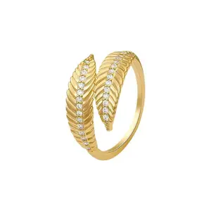 Minimalist Rose Gold Feather Open Ring - Sparkling Cubic Zirconia Adjustable Fashion Ring