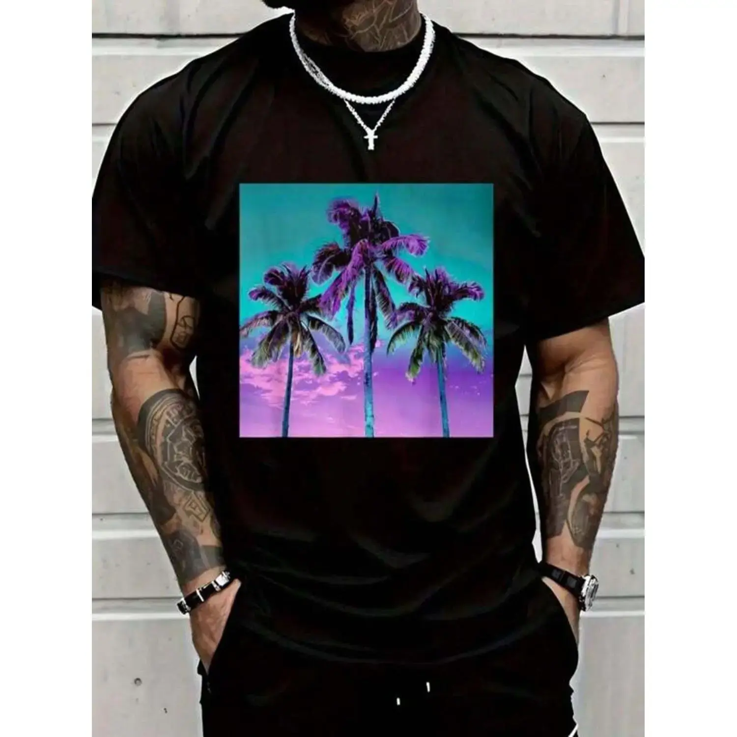 Men's Vintage Tropical Cotton Streetwear T-Shirt - Black Palm Tree Print, Teal Turquoise & Purple, Casual Short-Sleeve Top, Shortsleeve, Menswear, Palm Trees, Round Neck