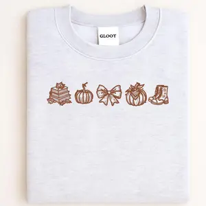 Fall Embroidery Sweatshirt Autumn Pumpkin Books Cozy Bow Boots Outline Stitch Crewneck Gift for Her Seasonal Pullover Comfort Wear