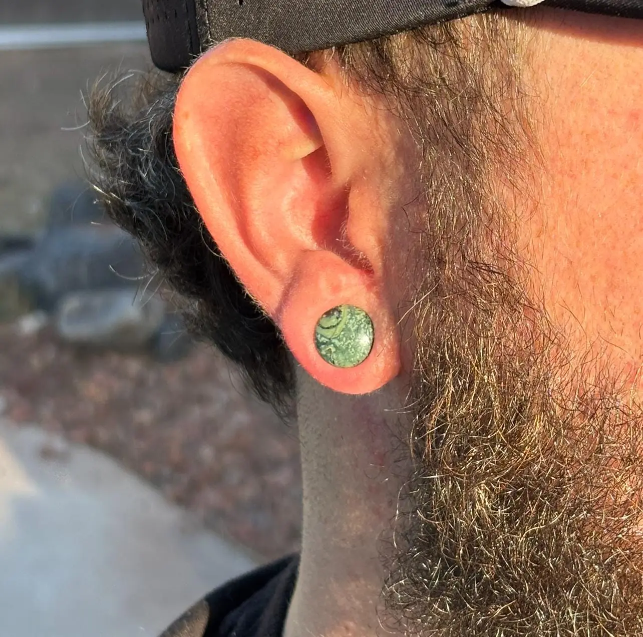 Genuine Stone Green Eye Jasper Gauge Plugs Ear Jewelry, Single Flare Design with Natural Swirling Pattern, Sold as a Pair with O-Rings