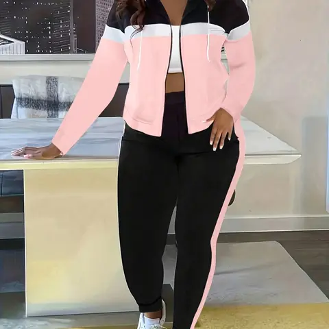 Women's Fashion Patchwork Hooded Cardigan & Pants Set, Casual Sporty Style, Athleisure Sportswear Set, Athleisure Workout Set, Athletic Fashion Activewear, Sportswear Indoor Outdoor, Regular Fit, Spring & Fall, New Arrival, Activewear Set