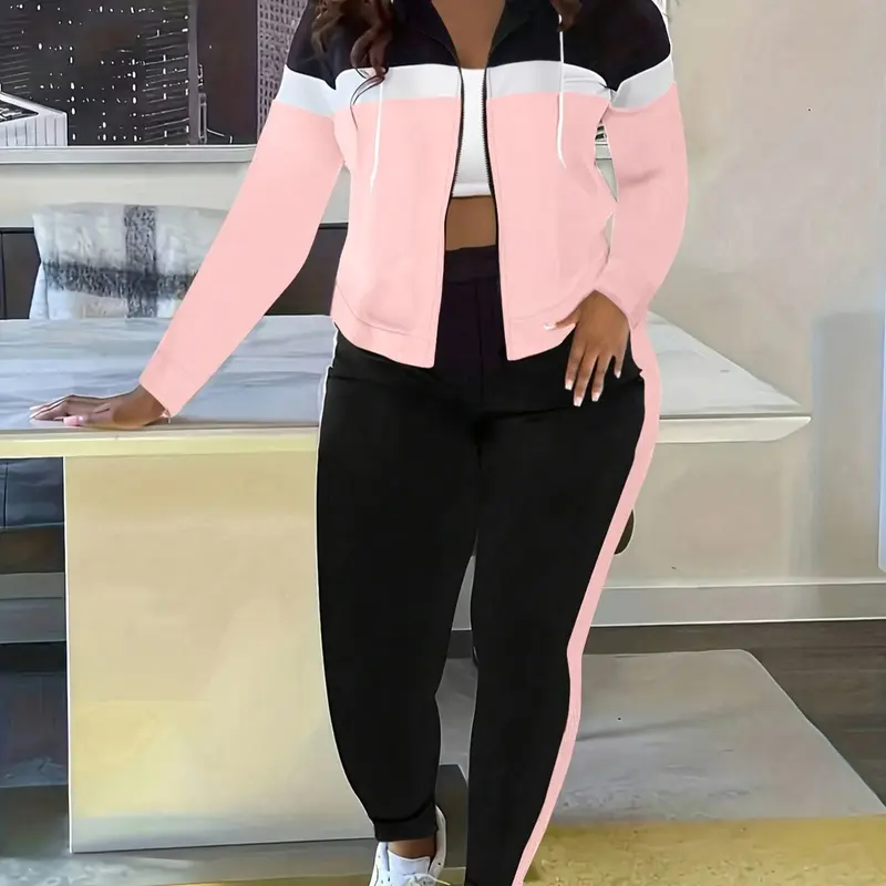 Women's Fashion Patchwork Hooded Cardigan & Pants Set, Casual Sporty Style, Athleisure Sportswear Set, Athleisure Workout Set, Athletic Fashion Activewear, Sportswear Indoor Outdoor, Regular Fit, Spring & Fall, New Arrival, Activewear Set