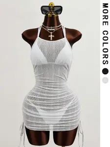 Summer Women's Transparent Halter Ruched Drawstring Tight Fit Vacation Sexy Beach Cover-Up, Stylish and Comfortable Summer Wear Swimsuit Cover Up, Swimwear Coverups