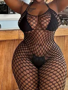 [ANDAREY] Women's Sexy Lingerie Set, Black Lace Hollow Out Mesh Bodysuit, Backless Design With Tie, High Elasticity Jumpsuit, Perfect For Dates