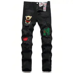 Men Cartoon & Letter Patched Detail Ripped Frayed Jeans