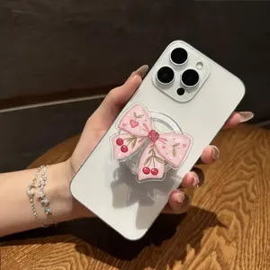 Kawaii Cherry Ribbon Phone Grip - Magnetic Pop Socket & Kickstand - Girly Aesthetic Phone Accessory