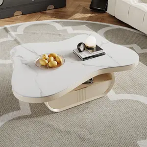 51" Modern White Coffee Table, Cloud Shaped, with Drawers, Sintered Stone Top