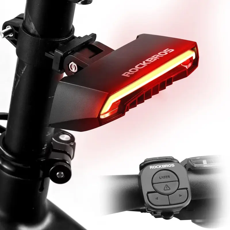 ROCKBROS Smart LED Bike Tail Light - 2000mAh Battery, Bike Handlebar-Mounted Wireless Remote, Turn Signals, Brake Detection, 6 Modes, USB Rechargeable Ebike Accessory for Night Safety (LED Lights & Reflectors)