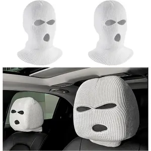 Car Headrest Cover, Personalized Funny Auto Seat Headrest Full Face Mask, Winter Ski Mask 3 Hole White Knitted Balaclava for Cold Weather Protection - Ideal for Skiing and Outdoor Activities