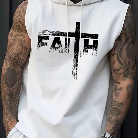 Men's Letter Print Cross & Sleeve Hoodie Tank Top, Regular Fit Casual Street Sporty Hooded Sleeveless Top for Summer, Men's Top for Daily Wear, Sweatshirts, Fitted Street Fashion, Knit, Aesthetics, Faith Based Streetwear