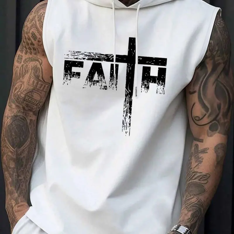 Men's Letter Print Cross & Sleeve Hoodie Tank Top, Regular Fit Casual Street Sporty Hooded Sleeveless Top for Summer, Men's Top for Daily Wear, Sweatshirts, Fitted Street Fashion, Knit, Aesthetics, Faith Based Streetwear