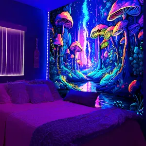 1pc Vibrant Mushroom Forest Tapestry - Colorful Polyester UV BlackLight Reactive Wall Hanging for Living Room, Bedroom, Office, and Party Decor with Easy Installation Package and Holiday Gift Option