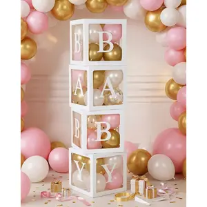 4 Pcs Balloon Boxes with Letters, Transparent Clear Balloon Boxes Gender Reveal Blocks Backdrop Decorations for Gender Reveal Favors (White)