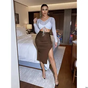 | tiktokPriv u00e9PartySolidRuchedSplitThighSkirt